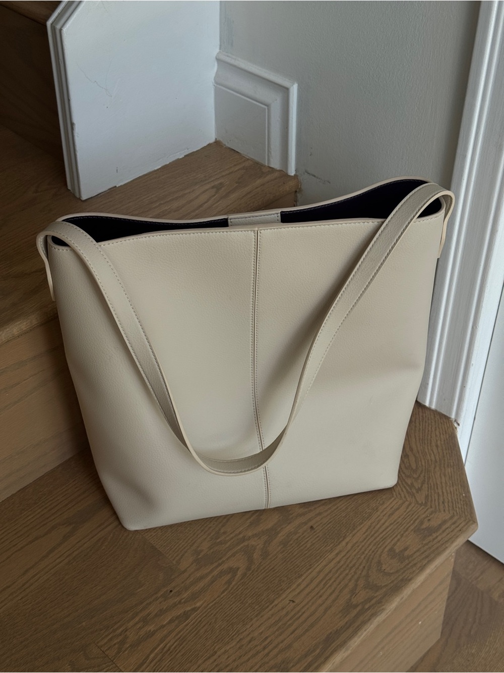 Cream Faux Leather Tote Bag - Minimal Shoulder Tote